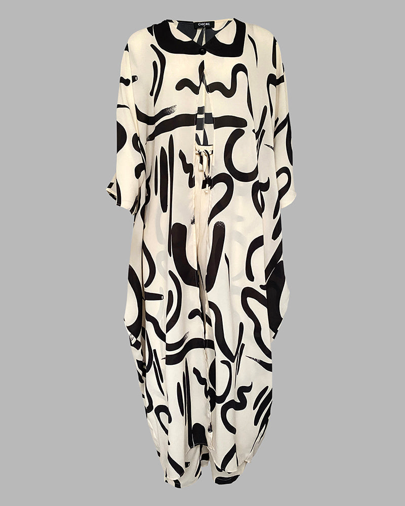Women's 2 Piece Abstract Print Outfits V-Neck High Slit Longline Top and Wide Leg Pants Set Casual Loose Vacation Set