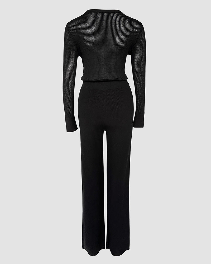 Round Neck Long Sleeve Vertical Pit Texture Top and Casual Wide Leg Pants Set