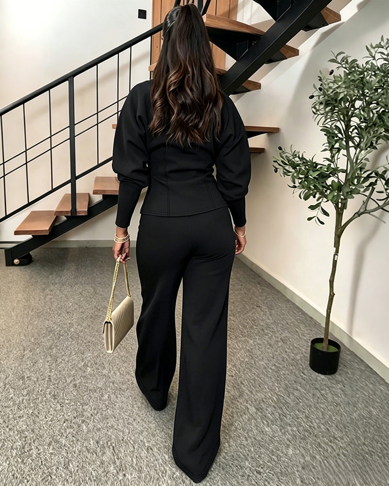 Women's 2 Piece Set V-Neck Cinched Waist Gigot Sleeve Top and High Waist Wide Leg Pants Elegant Set
