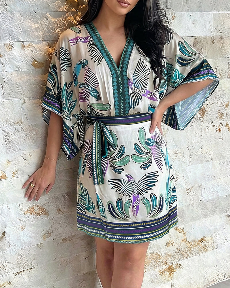 2 Pieces Outfit V-Neck Batwing Sleeve Bodysuit and Zipper Back Tie Waist Wrap Front Skirt Set Casual Animal & Plants Print Vacation Set