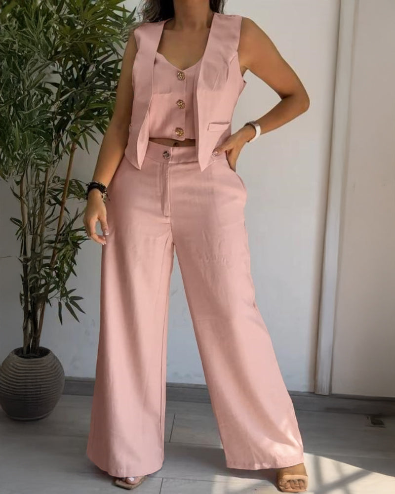 Women's Two Piece Outfits Faux Two Piece Sleeveless Crop Top and High Waisted Wide Leg Pants Elegant Matching Suit