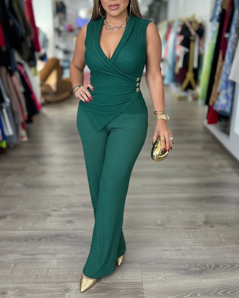 2 Pieces Outfit Overlap Deep V-Neck Sleeveless Side Button Decor Asymmetrical Hem Slim Fit Top and Elastic Waist Wide Leg Pants Set Casual Ribbed Set