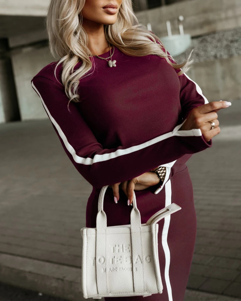 2 Pieces Outfit O-Neck Long Sleeve Slit Cuffs Pullover Top and Elastic Waist Slit Front Skirt Set Casual Contrast Striped Set