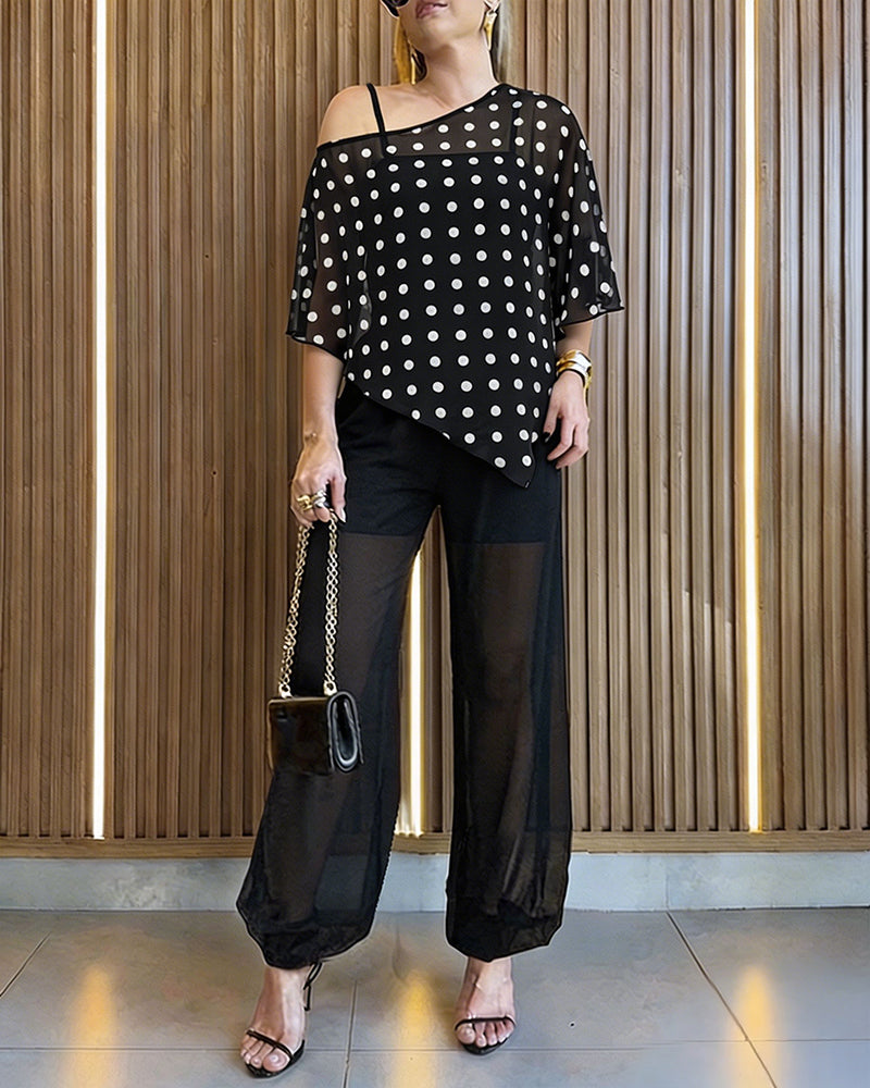Women's 3 Piece Outfits Polka Dot Skew Neck Cape Top and Sheer Lantern Pants Set with Camisole Liner Party Clubwear