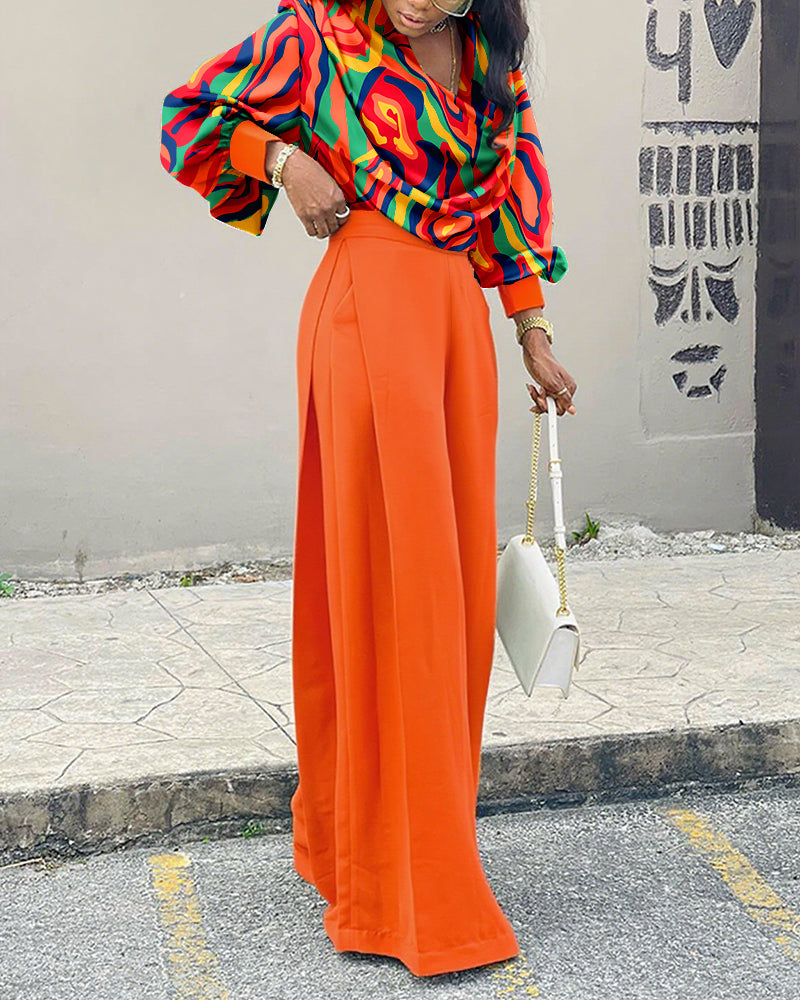 2 Pieces Outfit Multi-color All Over Print Cowl Neck Lantern Sleeve Stretchy Hem Loose Crop Top and Casual Elastic Back Waist Wide Leg Pants Set