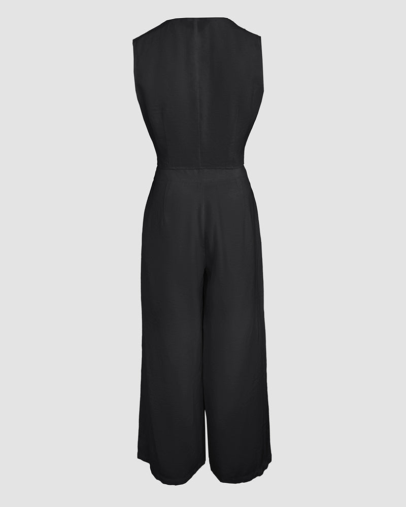 Women's Two Piece Outfits Faux Two Piece Sleeveless Crop Top and High Waisted Wide Leg Pants Elegant Matching Suit