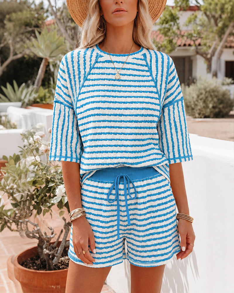 Women's Striped Textured 2 Piece Set Crewneck Raglan Half Sleeve Top and Elastic Drawstring Shorts Casual Loungewear
