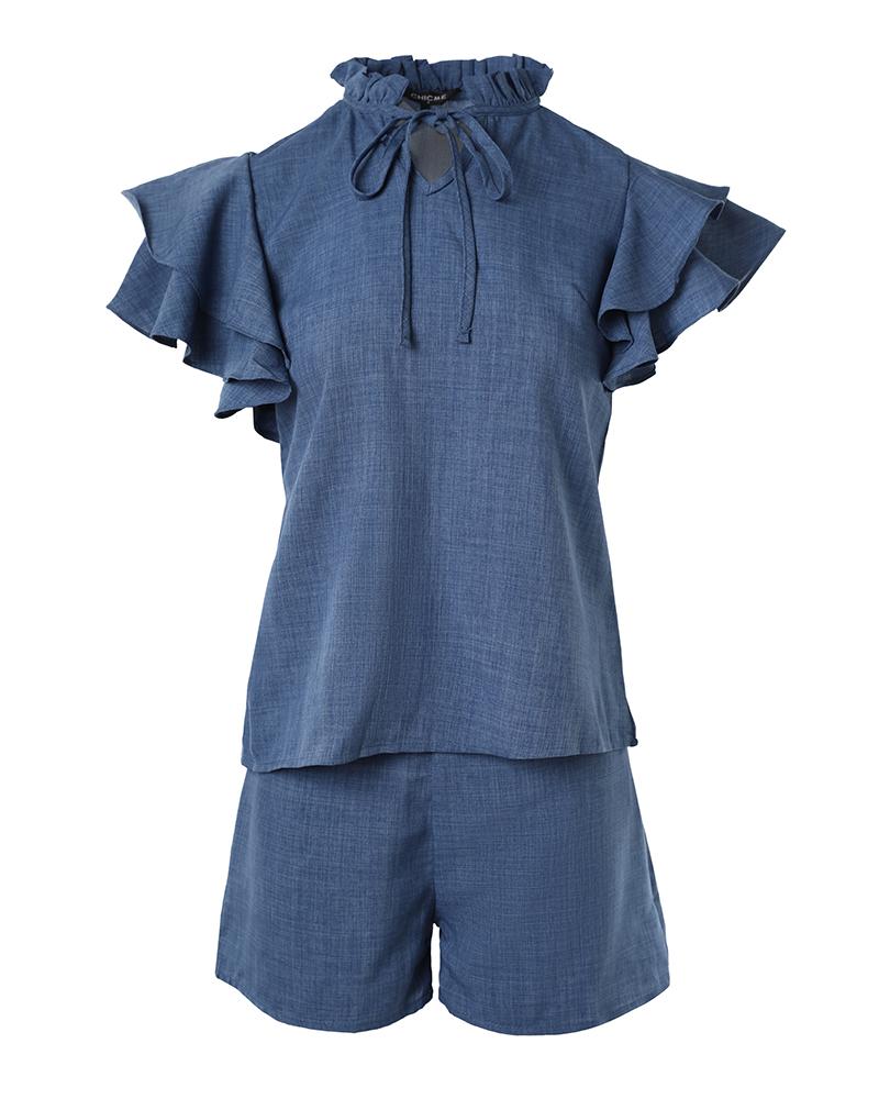 Women's Denim Look Two Piece Set Ruffle Short Sleeve Tie Neck Top and High Waist Shorts Casual Matching Set