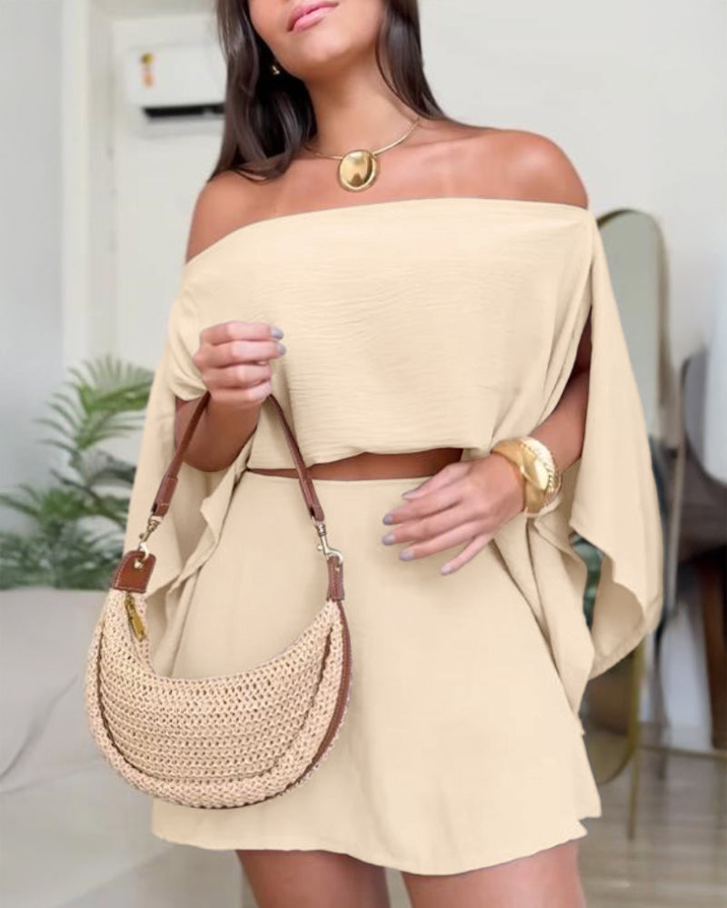 3 Pieces Outfit Solid Off Shoulder Split Sleeve Convertible Crop Top and Casual Elastic Waist Skorts Set With Bandeau(Without Belt)