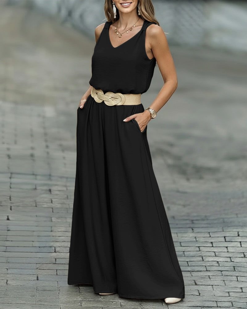 2 Pieces Outfit V-Neck Shoulder Bowknot Design Sleeveless Tank Top and Casual Zipper Fly Elastic Back Waist Wide Leg Pants Set without Belt