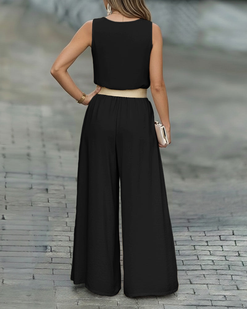2 Pieces Outfit V-Neck Shoulder Bowknot Design Sleeveless Tank Top and Casual Zipper Fly Elastic Back Waist Wide Leg Pants Set without Belt