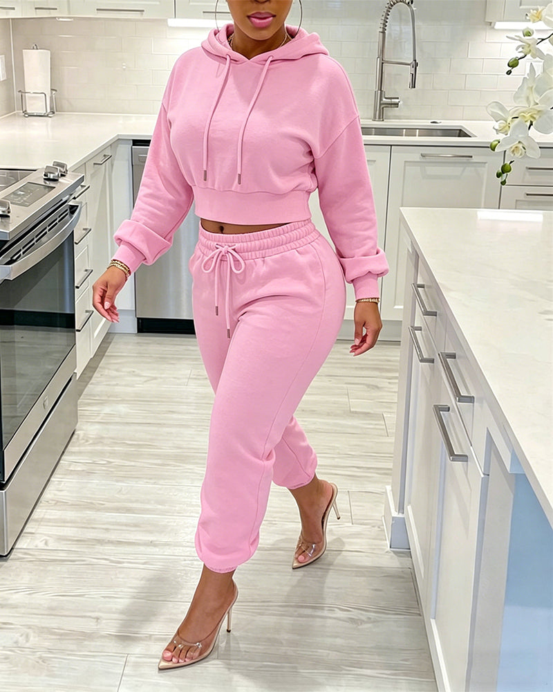 Women's 2 Piece Sweatsuit Set Cropped Drawstring Hoodie and High Waisted Jogger Sweatpants with Pockets