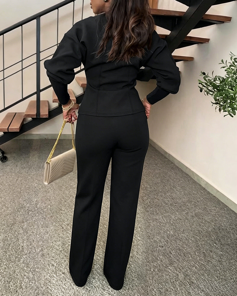 Women's 2 Piece Set V-Neck Cinched Waist Gigot Sleeve Top and High Waist Wide Leg Pants Elegant Set