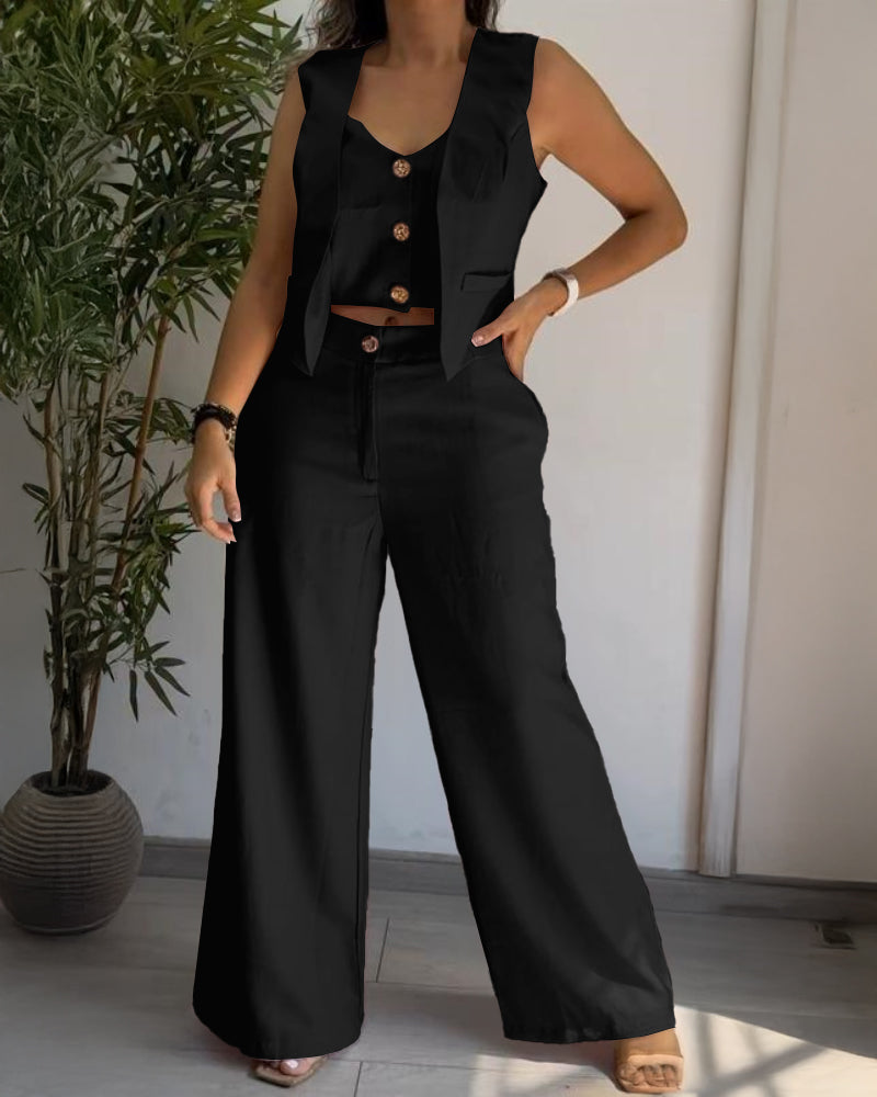 Women's Two Piece Outfits Faux Two Piece Sleeveless Crop Top and High Waisted Wide Leg Pants Elegant Matching Suit