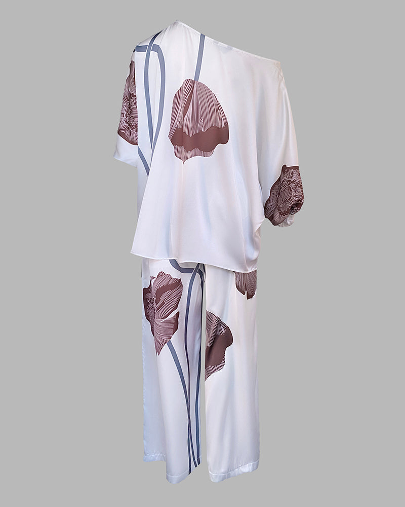 Women's Floral 2-Piece Satin Matching Set Skew Neck Batwing Sleeve Top and High Waisted Straight Leg Pants with Pockets