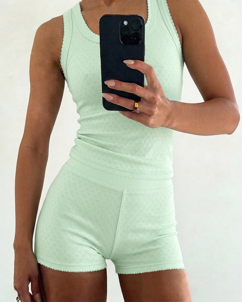 Women's 2 Piece Knit Lounge Set Heart Jacquard Racerback Tank Top and High Waist Shorts Slim Fit Stretchy Outfits