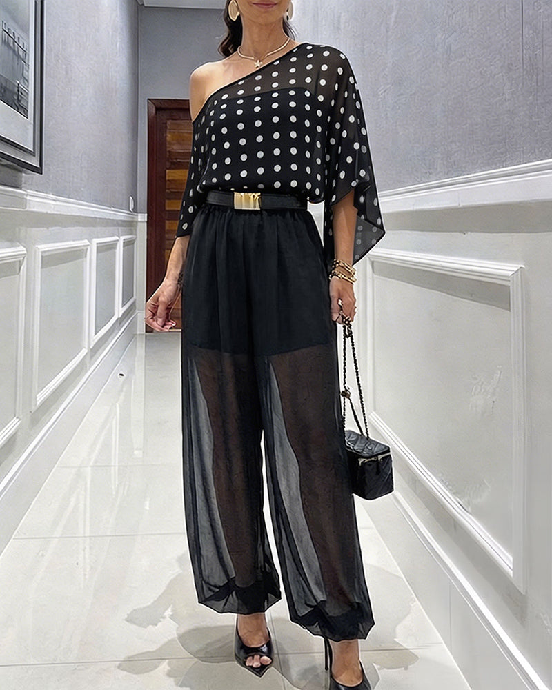 Women's 3 Piece Outfits Polka Dot Skew Neck Cape Top and Sheer Lantern Pants Set with Camisole Liner Party Clubwear