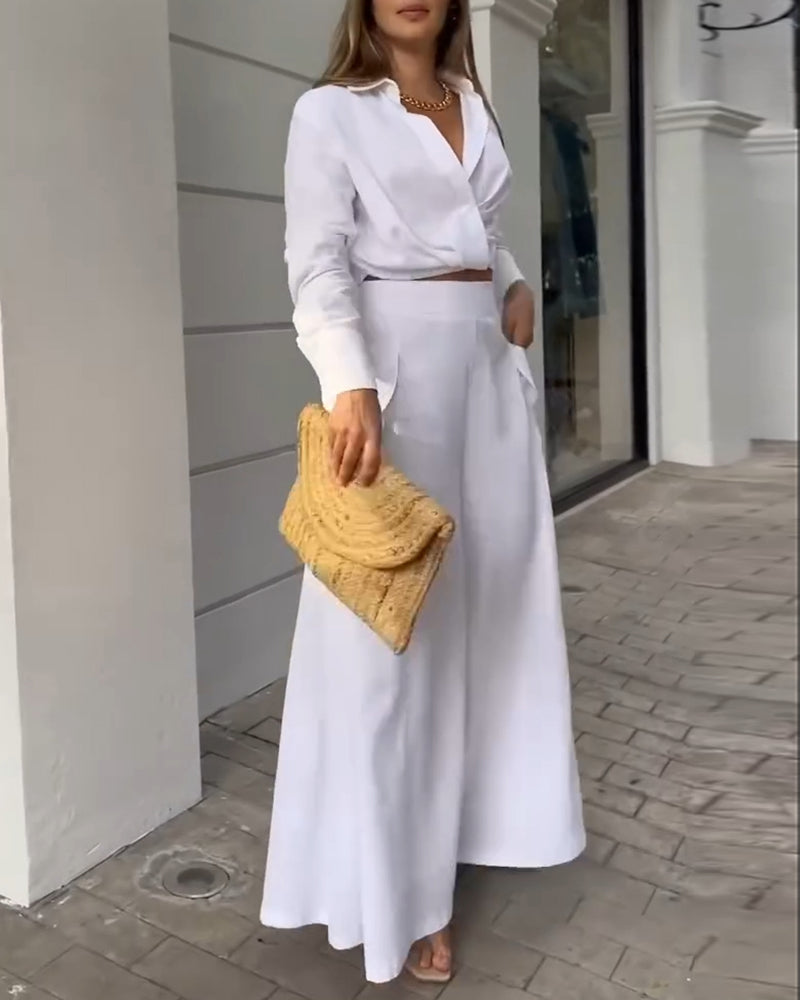 2 Pieces Outfit Turn-down Collar Long Sleeve Ruched Stretchy Hem Crop Top and Casual Elastic Back Waist Pockets Design Wide Leg Pants Set