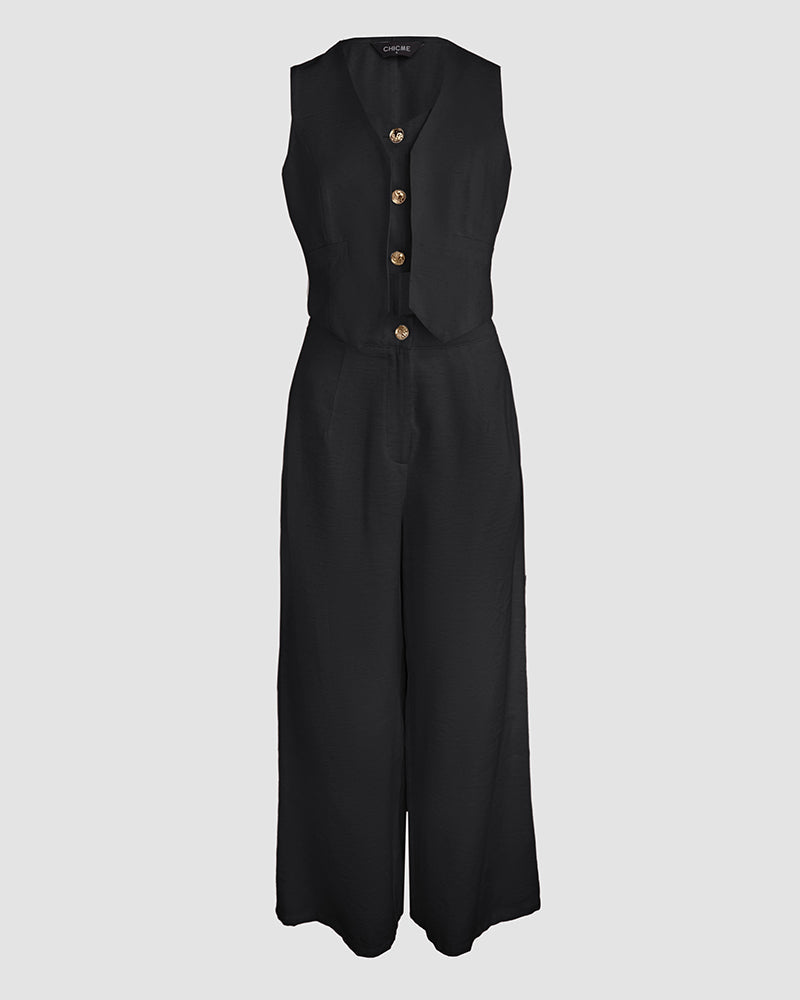 Women's Two Piece Outfits Faux Two Piece Sleeveless Crop Top and High Waisted Wide Leg Pants Elegant Matching Suit