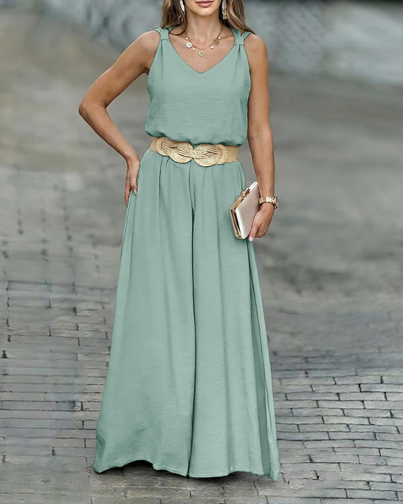 2 Pieces Outfit V-Neck Shoulder Bowknot Design Sleeveless Tank Top and Casual Zipper Fly Elastic Back Waist Wide Leg Pants Set without Belt