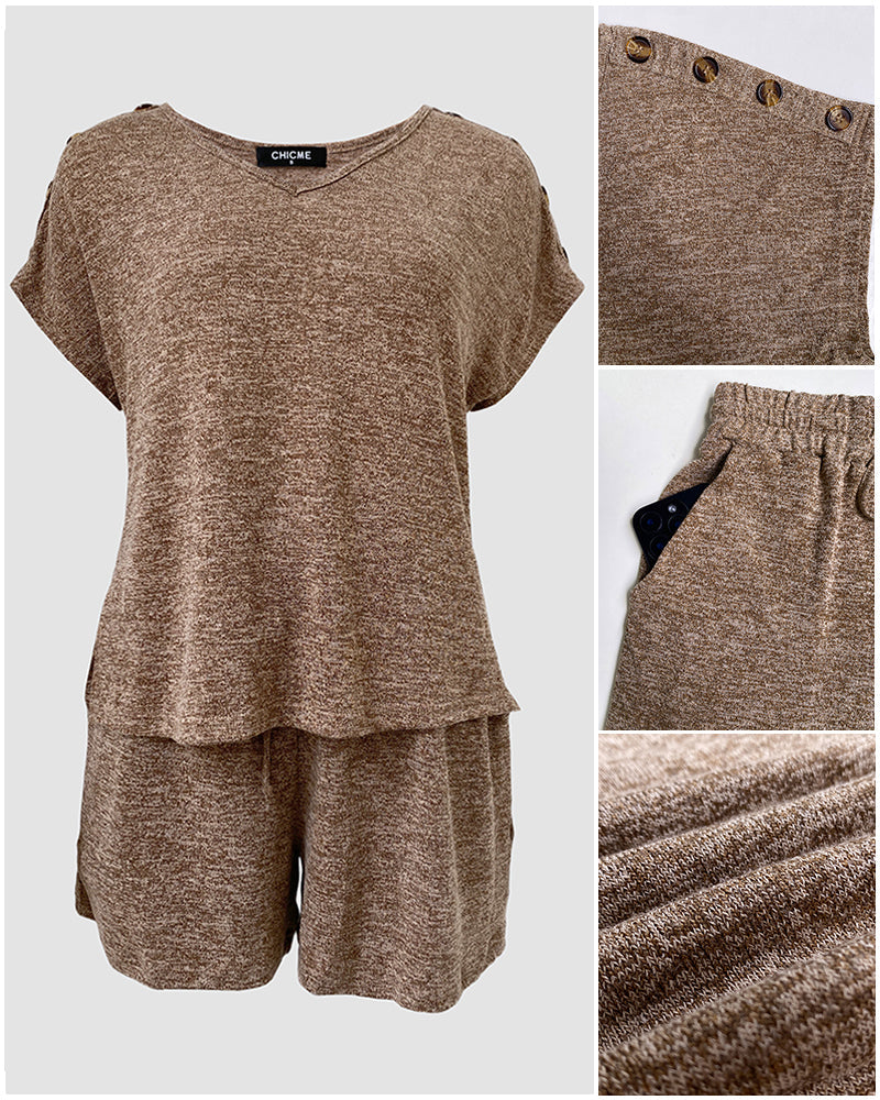 Women's V Neck Short Sleeve Top and Drawstring Shorts Set Casual Loose Fit Loungewear Two Piece Outfit with Pockets