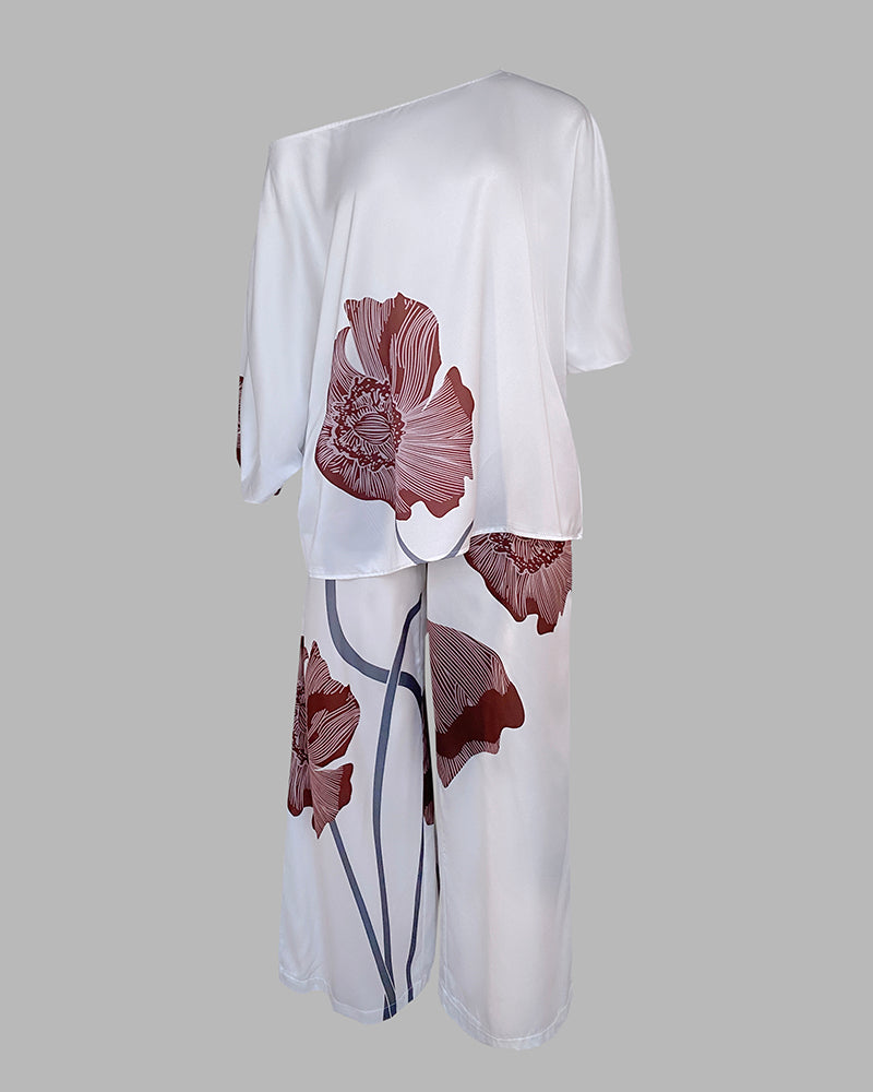 Women's Floral 2-Piece Satin Matching Set Skew Neck Batwing Sleeve Top and High Waisted Straight Leg Pants with Pockets
