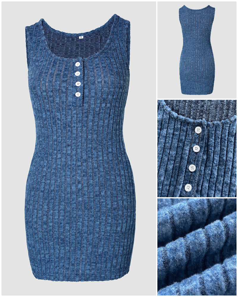 2 Pieces Outfit U-Neck Thick Strap Button Front Slim Fit Ribbed Knit Dress and Casual Long Sleeve Pockets Design Open Front Cardigan Coat Set