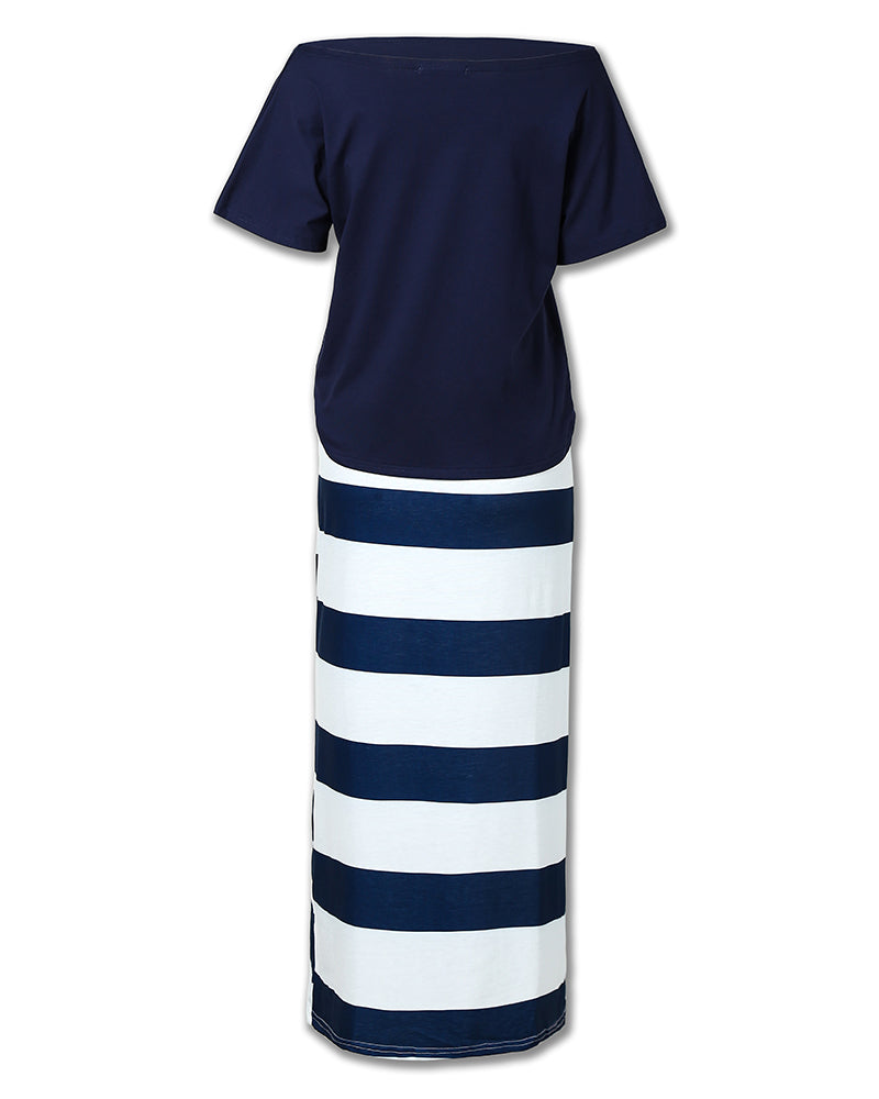 2 Pieces Outfit Anchor Print Skew Neck Top and Casual Striped Drawstring Elastic Waist Skirt Set