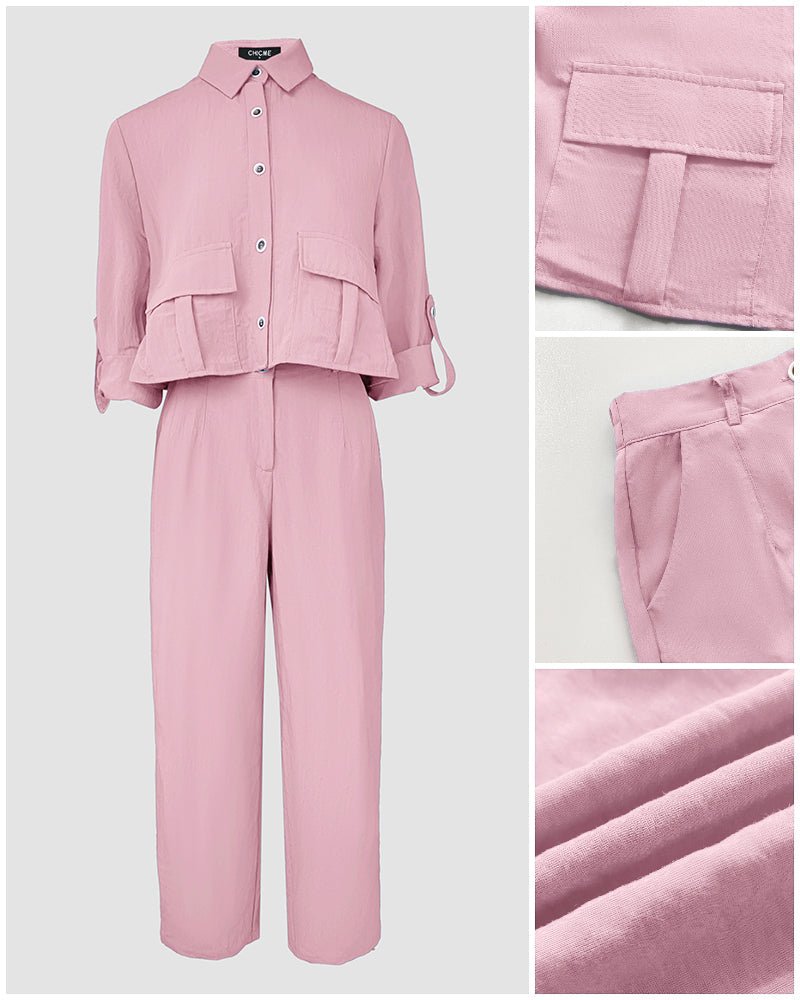 2 Pieces Outfit Turn-down Collar Turn-Up Sleeves Button Front Flap Pockets Design Top and Causal Zipper Fly Elastic Back Waist Wide Leg Pants Set