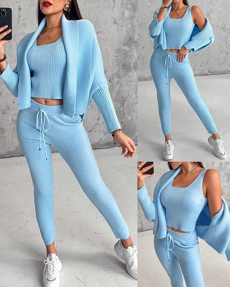 3PCS Batwing Sleeve Cardigan With Asymmetrical Neck Tank Top & Stretchy Waist Pants Set