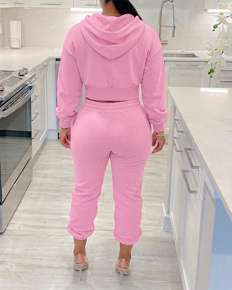 Women's 2 Piece Sweatsuit Set Cropped Drawstring Hoodie and High Waisted Jogger Sweatpants with Pockets