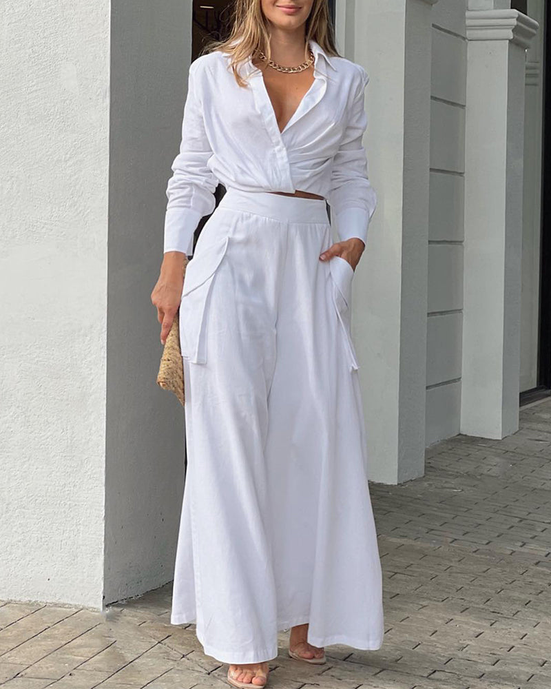2 Pieces Outfit Turn-down Collar Long Sleeve Ruched Stretchy Hem Crop Top and Casual Elastic Back Waist Pockets Design Wide Leg Pants Set