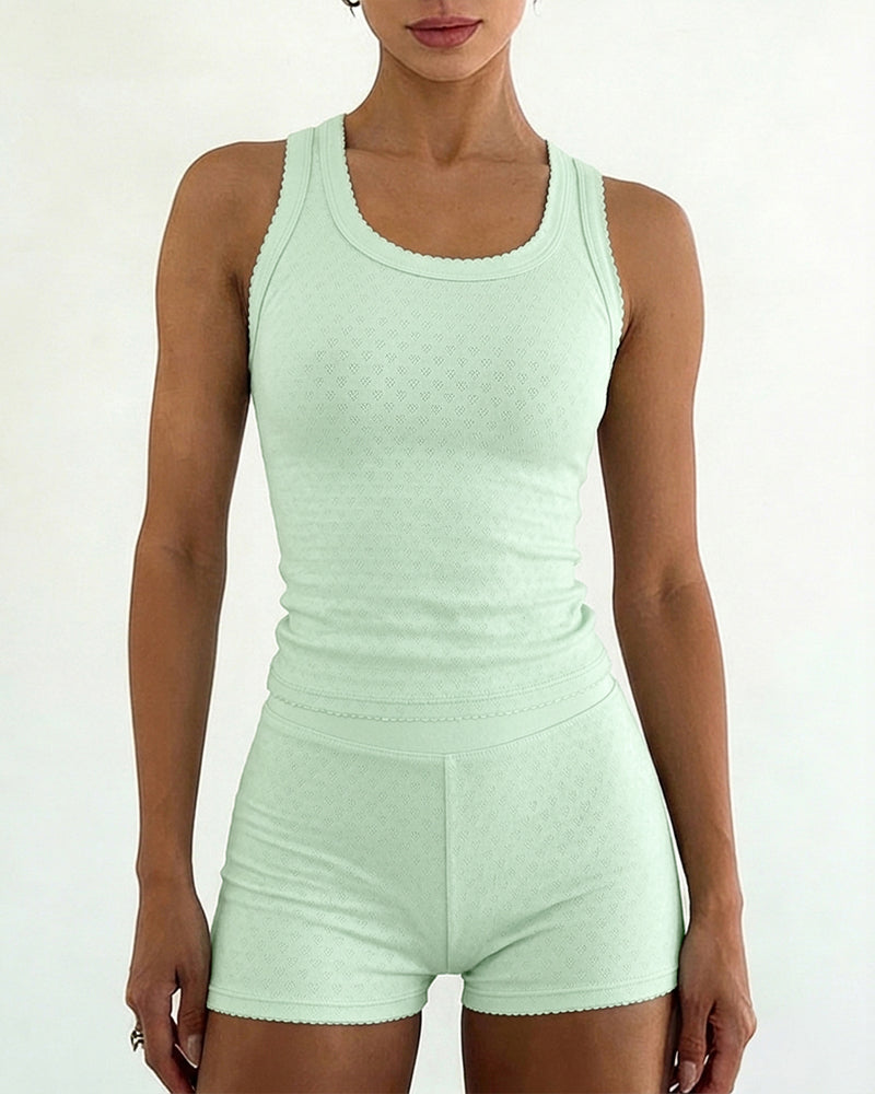 Women's 2 Piece Knit Lounge Set Heart Jacquard Racerback Tank Top and High Waist Shorts Slim Fit Stretchy Outfits