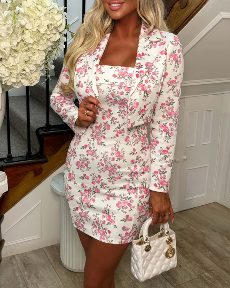 Women's Floral Two-Piece Set Single Breasted Cropped Blazer and Bandeau Bodycon Mini Dress Elegant Suit