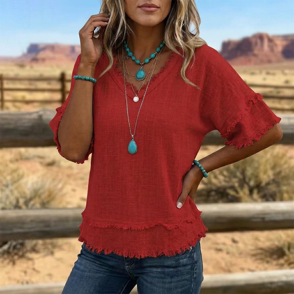 Isla | Casual Short-sleeve Raw-hem Linen-blend Top