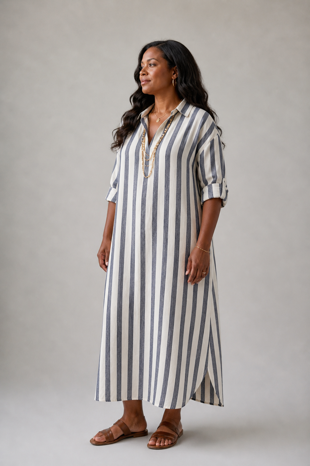 Naomi | Striped Long Sleeve Midi Shirt Dress