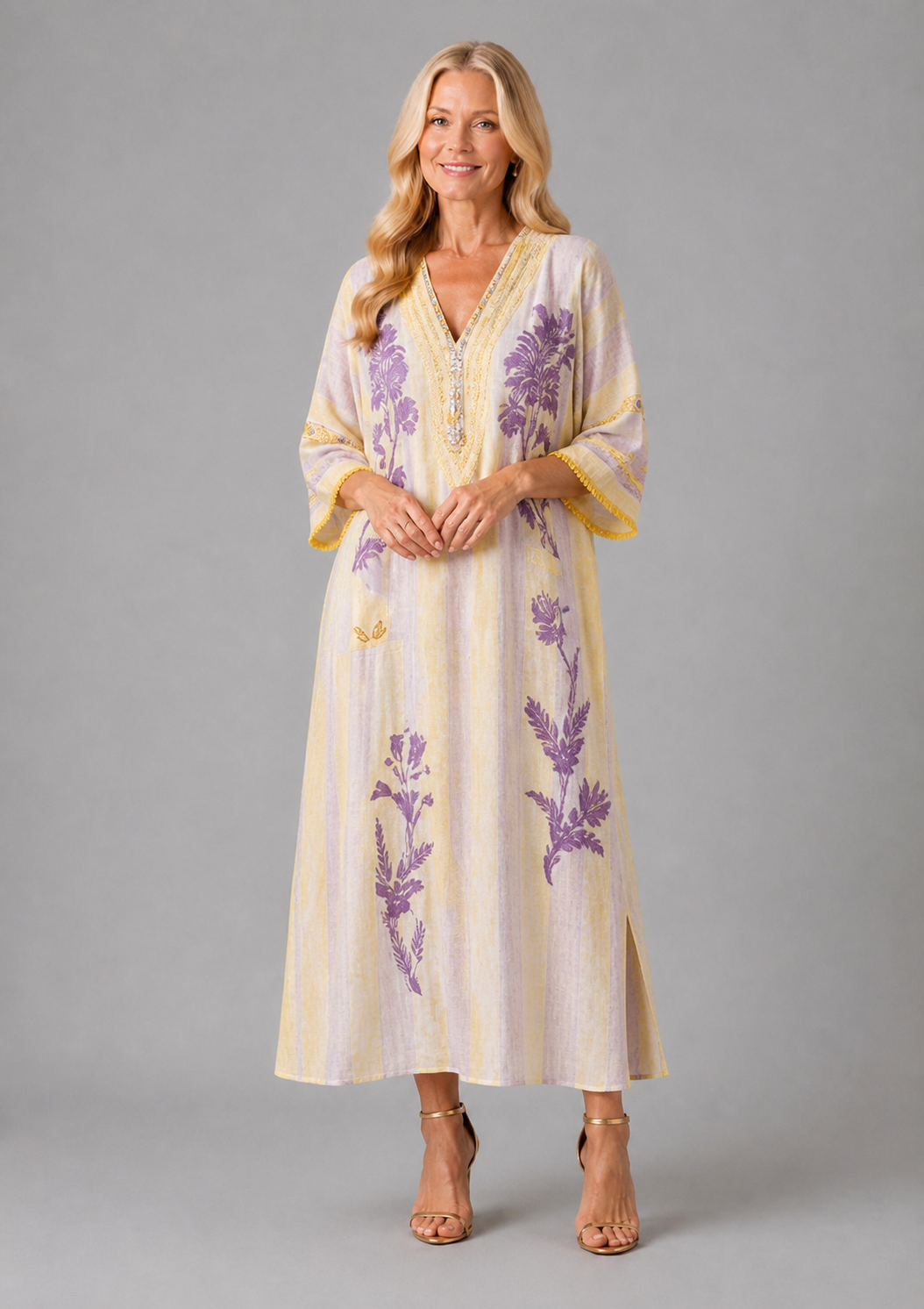 Aurelia | Short Sleeve V-Neck Striped Floral Maxi Dress