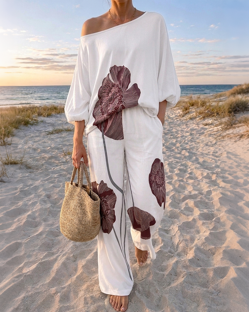Women's Floral 2-Piece Satin Matching Set Skew Neck Batwing Sleeve Top and High Waisted Straight Leg Pants with Pockets