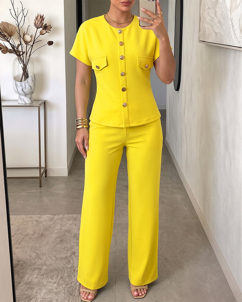 Women's 2 Piece Outfits Short Sleeve Button Down Top and Straight Leg Pants Set Casual Commuter Suits