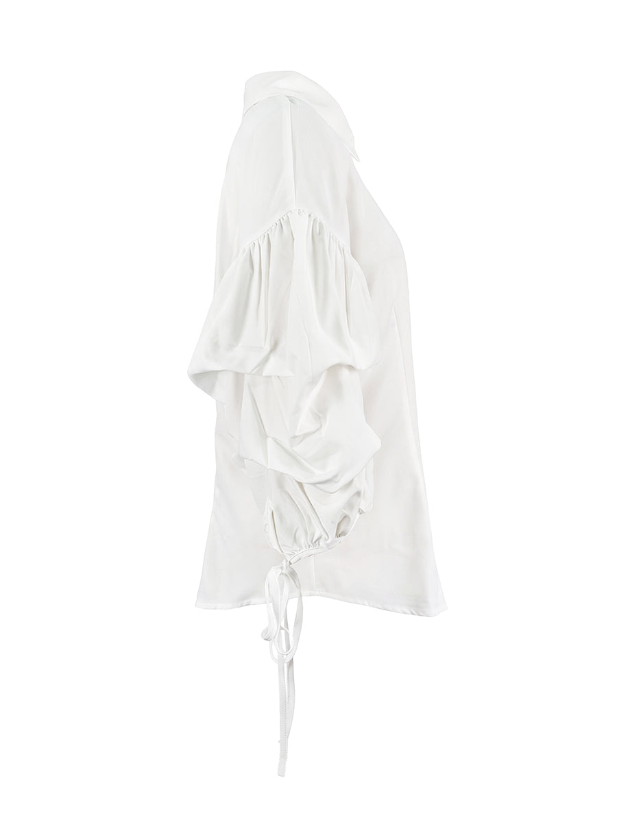 Loose Puff Sleeves Buttoned Solid Color Tied Lapel Blouses&Shirts Tops