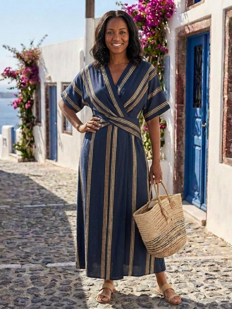 Saphira | Striped V-Neck Midi Dress with Short Sleeve