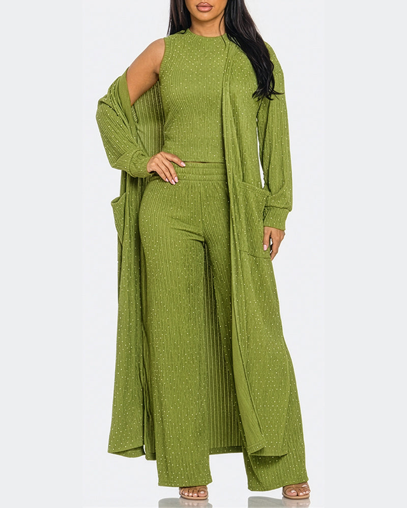 3 Pieces Outfits Cozy Comfort Glitter Long Sleeve Longline Coat and Cropped Ribbed Knit Tank Wide Leg Pants Set