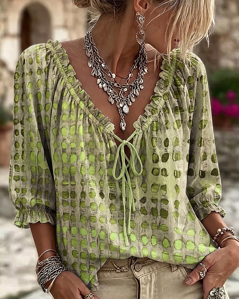 Lena | Polka Dot Blouse with Lace-Up Detail