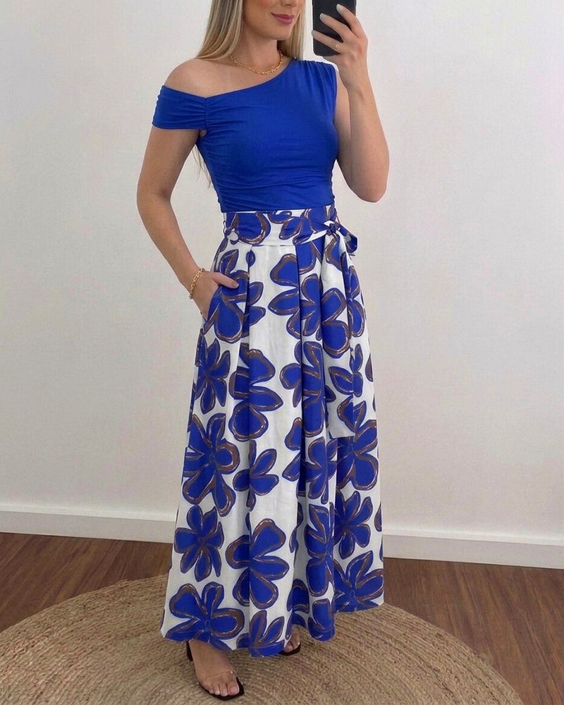 Women's 2 Piece Skirt Set Skew Neck Ruched Slim Fit Top and High Waisted Floral Print A Line Skirt with Pockets