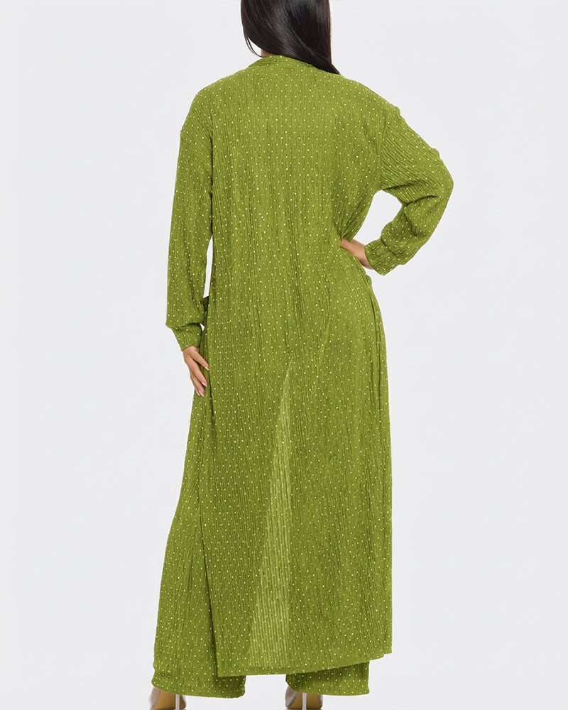 3 Pieces Outfits Cozy Comfort Glitter Long Sleeve Longline Coat and Cropped Ribbed Knit Tank Wide Leg Pants Set