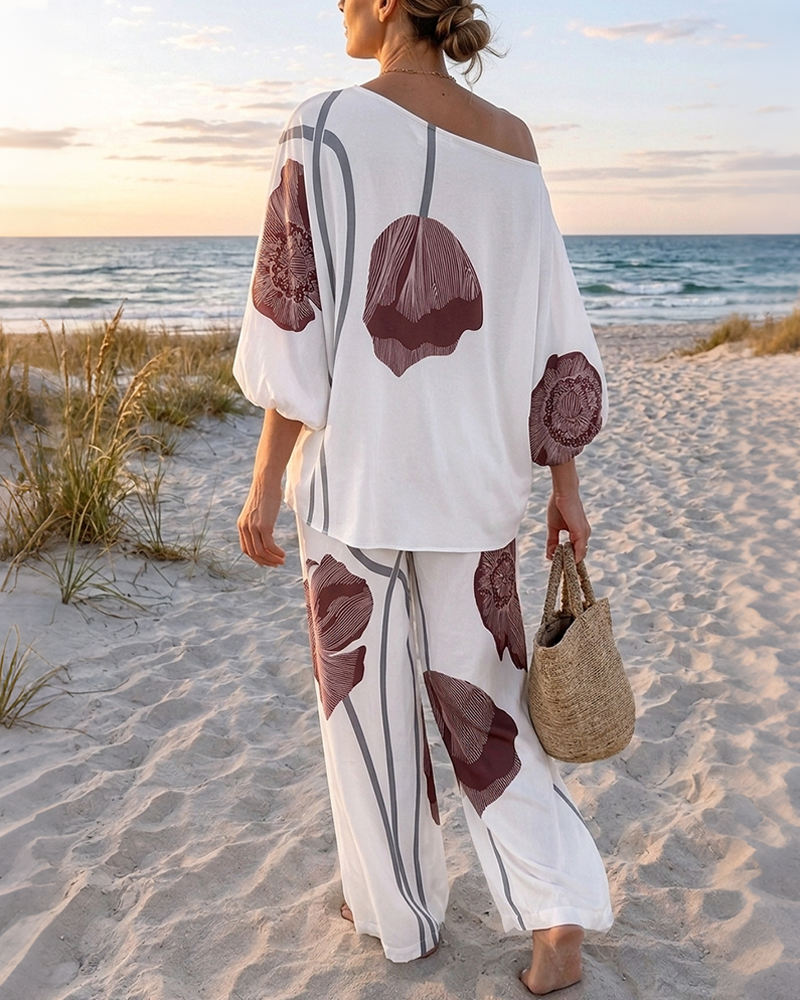 Women's Floral 2-Piece Satin Matching Set Skew Neck Batwing Sleeve Top and High Waisted Straight Leg Pants with Pockets