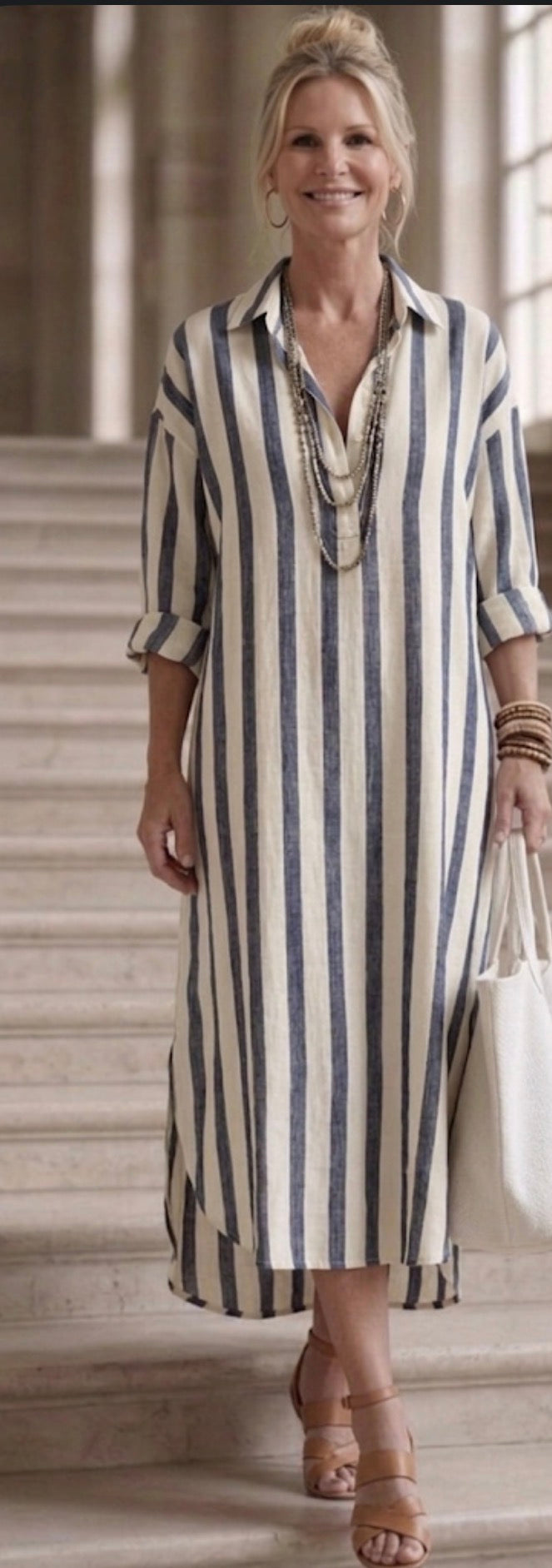 Naomi | Striped Long Sleeve Midi Shirt Dress