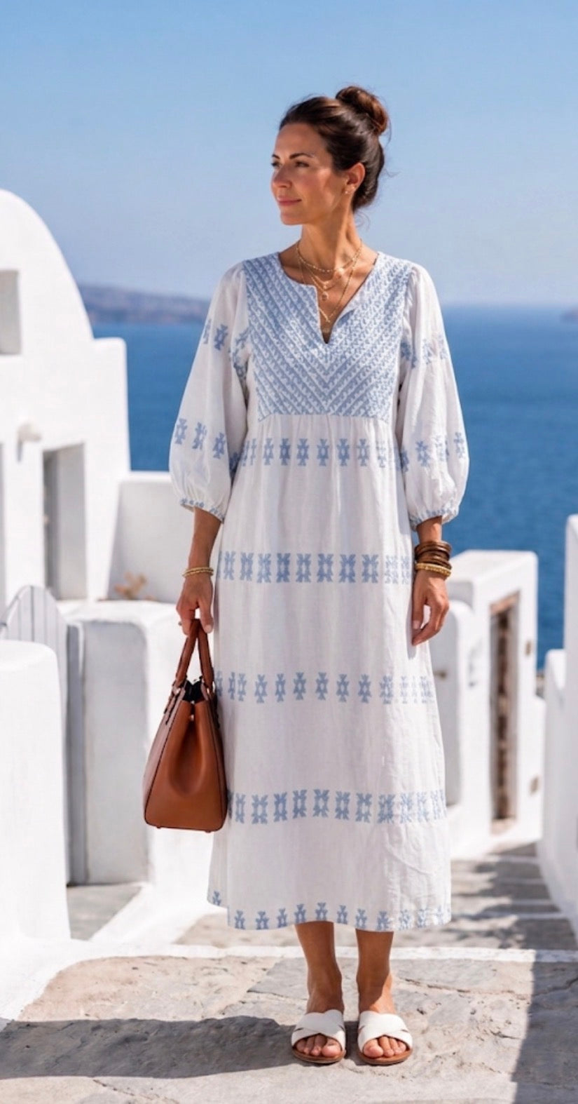 Evadne | Embroidered Long Sleeve V-Neck Maxi Dress