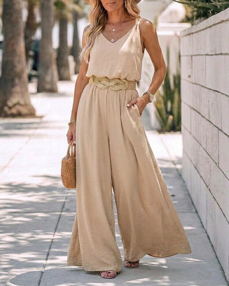 2 Pieces Outfit V-Neck Shoulder Bowknot Design Sleeveless Tank Top and Casual Zipper Fly Elastic Back Waist Wide Leg Pants Set without Belt
