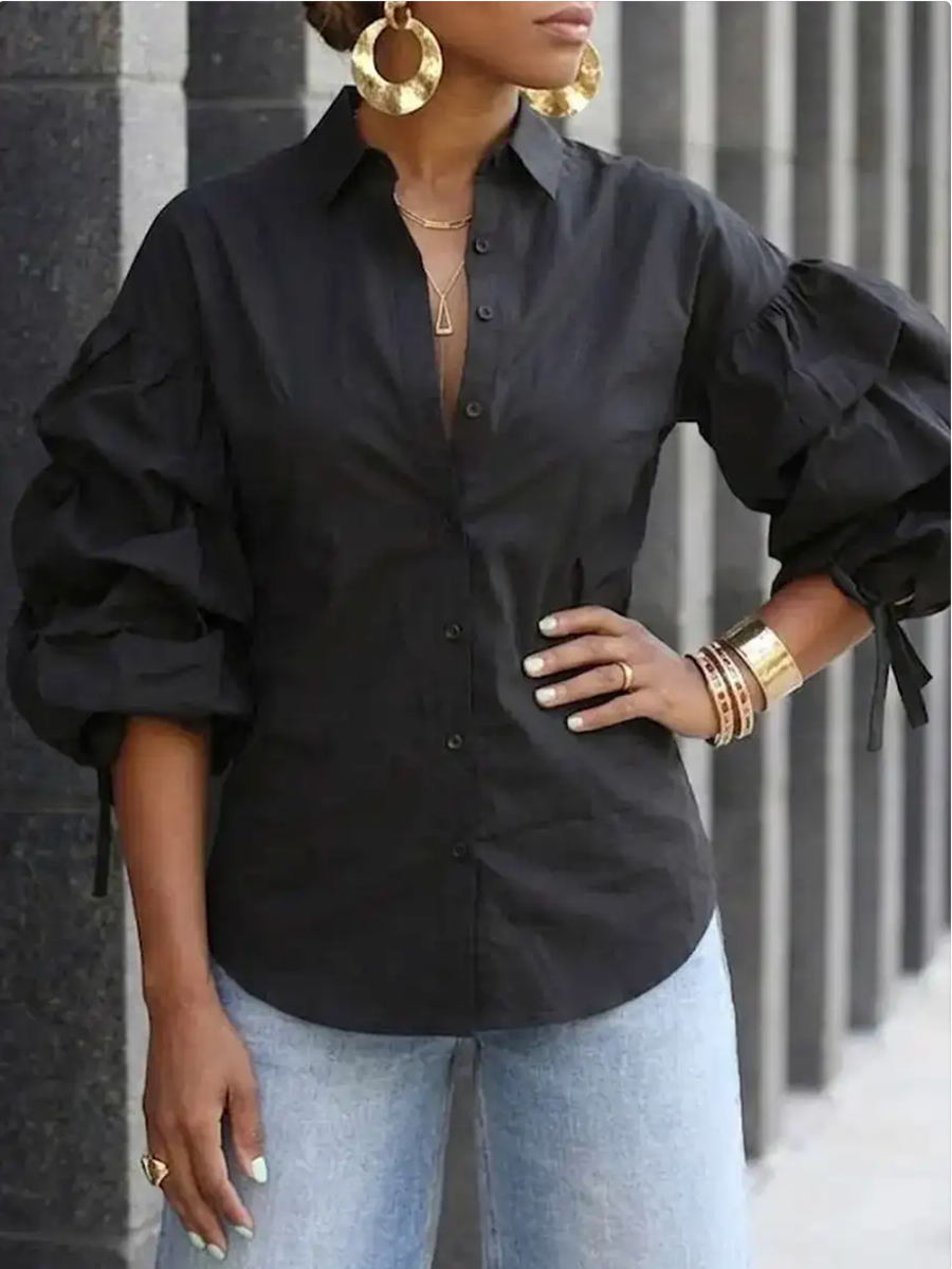 Loose Puff Sleeves Buttoned Solid Color Tied Lapel Blouses&Shirts Tops
